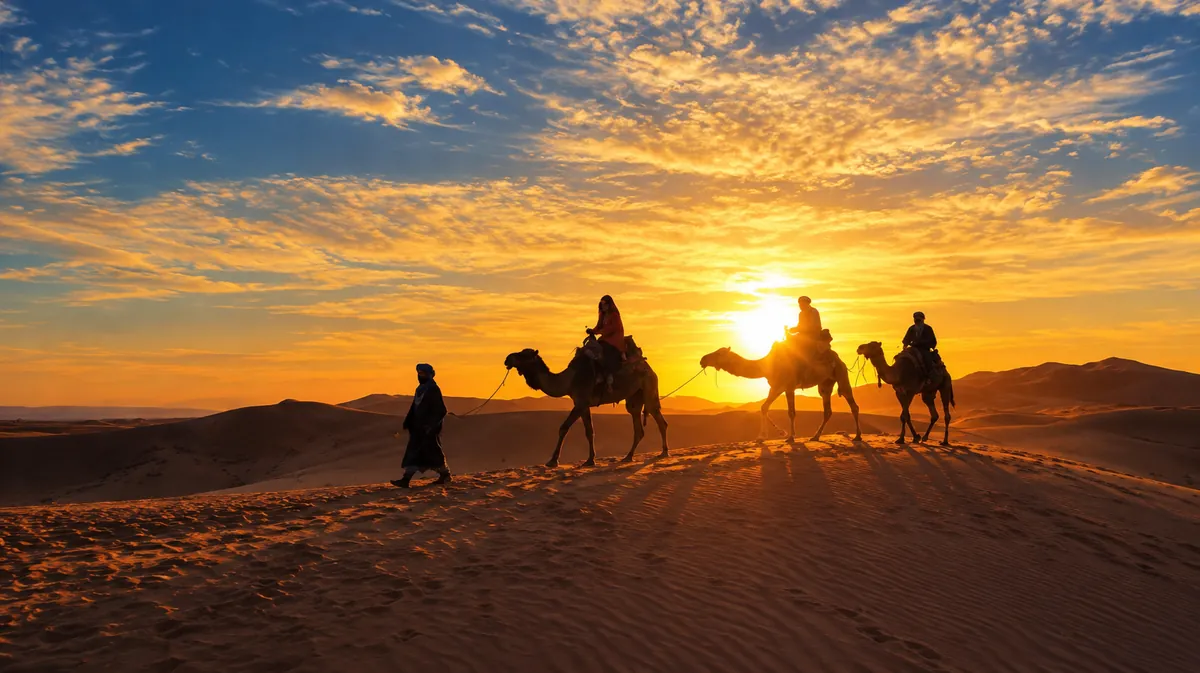 Caravana de camellos cruzando las dunas de Erg Chebbi al atardecer