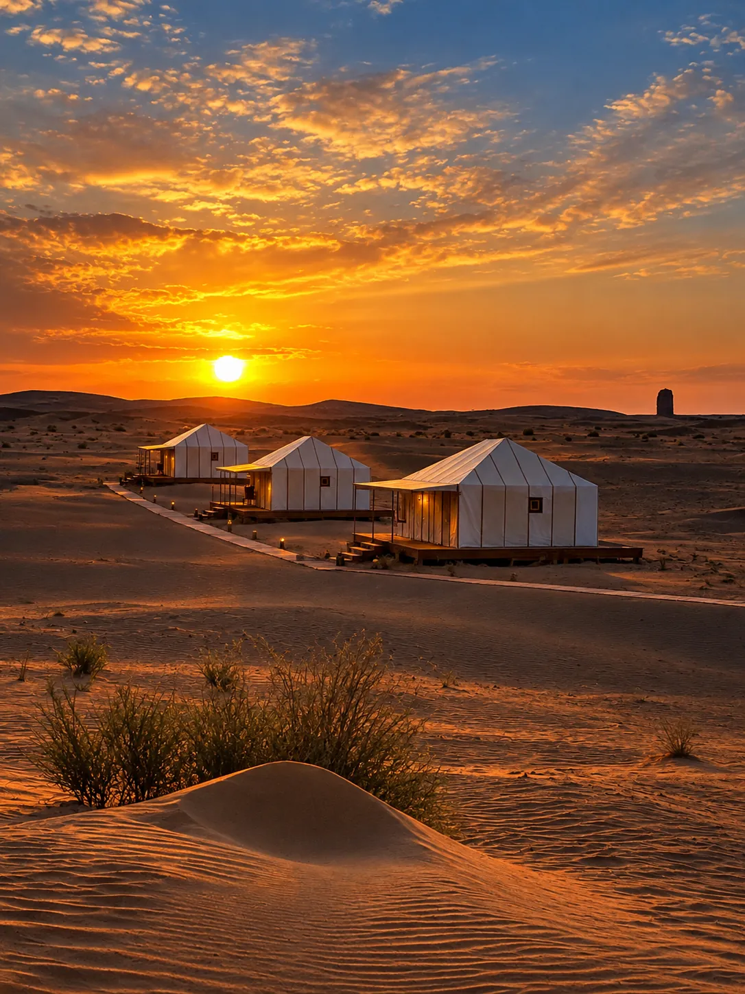 Jaimas de un campamento en el desierto al atardecer