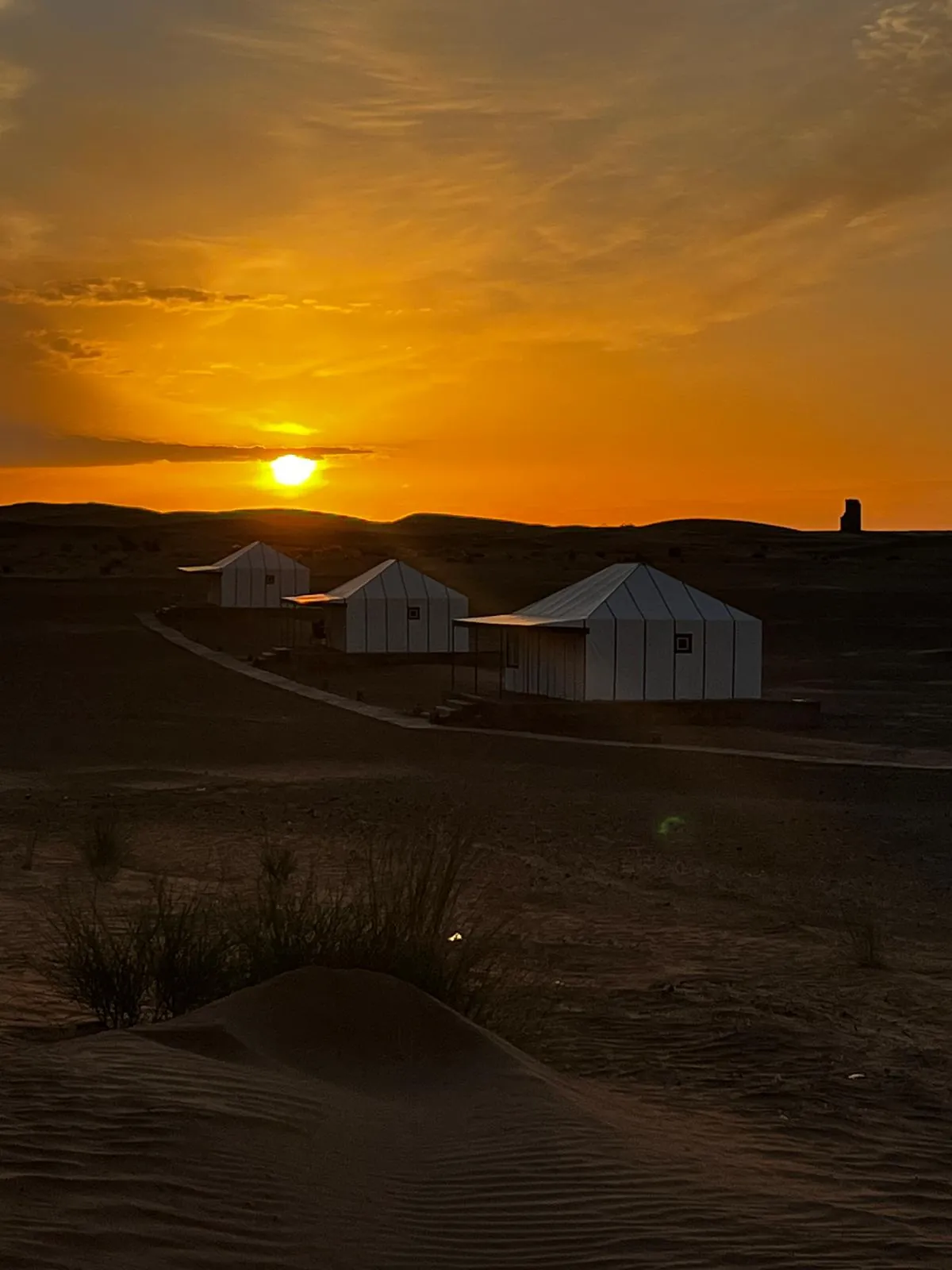 Silueta de jaimas en el desierto al atardecer