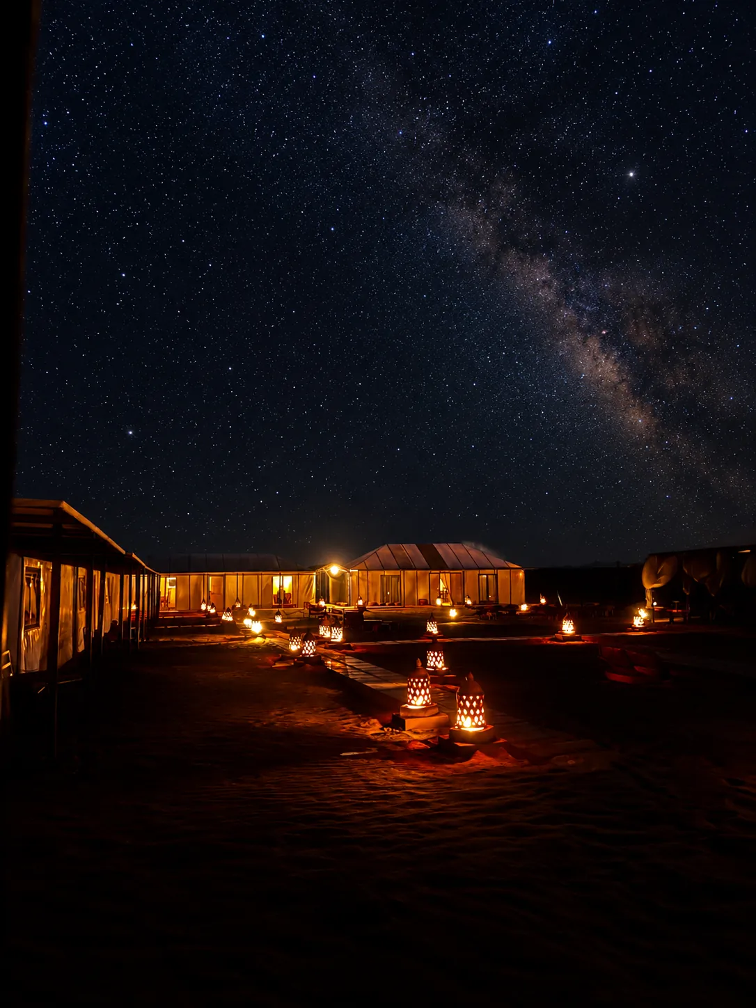 Campamento de jaimas en el desierto del Sahara bajo un cielo lleno de estrellas