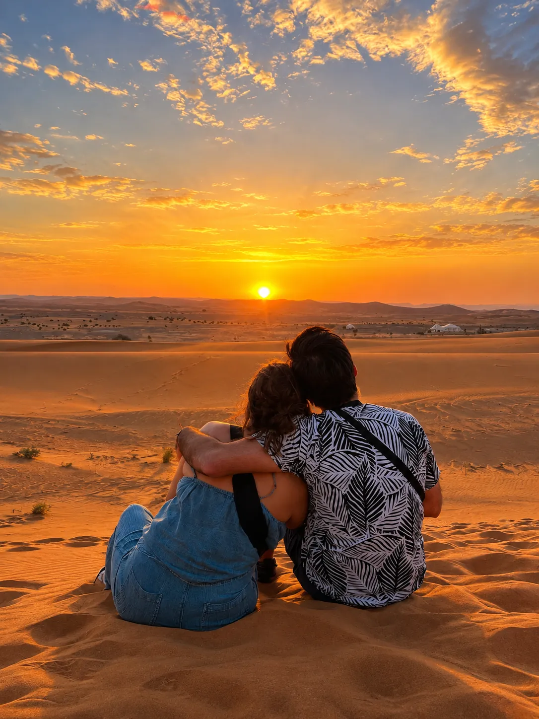 Una pareja de viajeros abrazados viendo el atardecer sobre las dunas